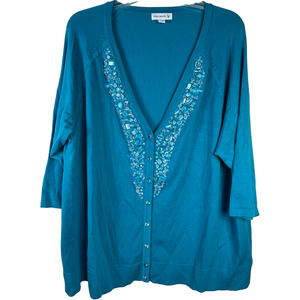 Susan Graver Aqua Blue 3/4 Sleeves Faux Crystal sweater cardigan size 2X